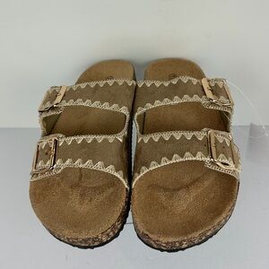 NWT Niki Slip On Sandals Women's 7 Taupe Double Strap Gold Buckles Embroidered